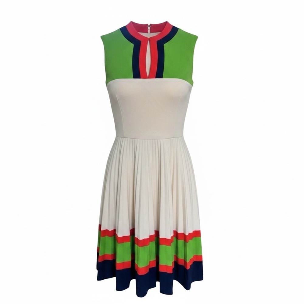 Vintage Mod Colorblock Pleated Mini Dress Women XS White Green Red Navy GUC
